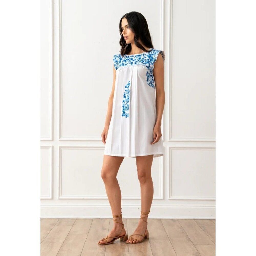 Mi Golondrina Flores Short Dress Cielo Mexicano Size XS‎ White Blue Embroidered